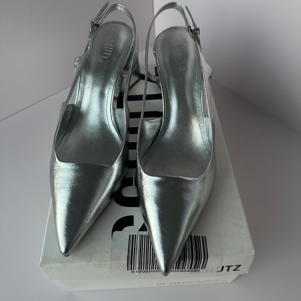 SCHUTZ Shiny Silver Pointed Slingback Heels - Picture 6 of 10